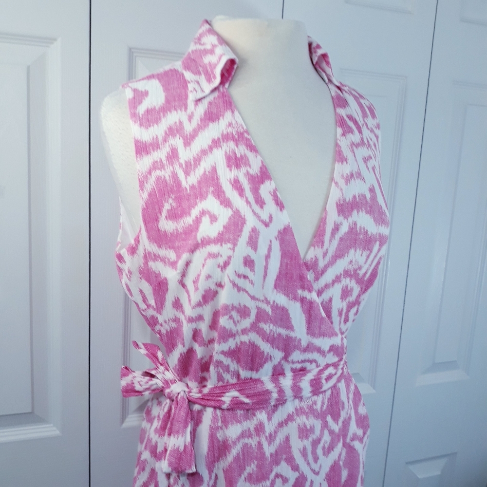 Pendleton Cotton Midi Dress Pink on White Sleeveless Wrap Lined Size 8 - Picture 7 of 16
